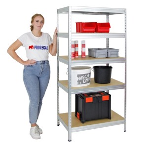 PROREGAL Schwerlastregal, verzinkt, mit 5 Ablagen und diversen Gegenständen befüllt.
