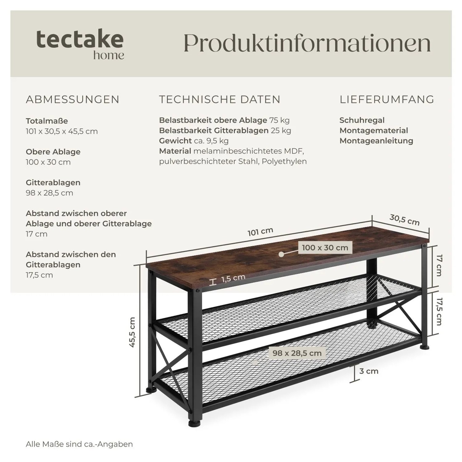 Maßzeichnung des Tectake Schuhregals Blackpool Industrial Style mit Abmessungen und Details.