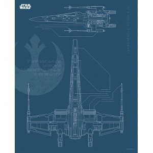 Disney Star Wars Poster: X-Wing Raumschiff Bauplan in Dunkelblau, 40x50 cm. Fototapete für Star Wars Fans.