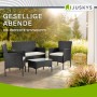Schwarze Polyrattan Gartenmöbel Sitzgruppe mit cremeweißen Bezügen, bestehend aus Sofa, Tisch und zwei Sesseln.