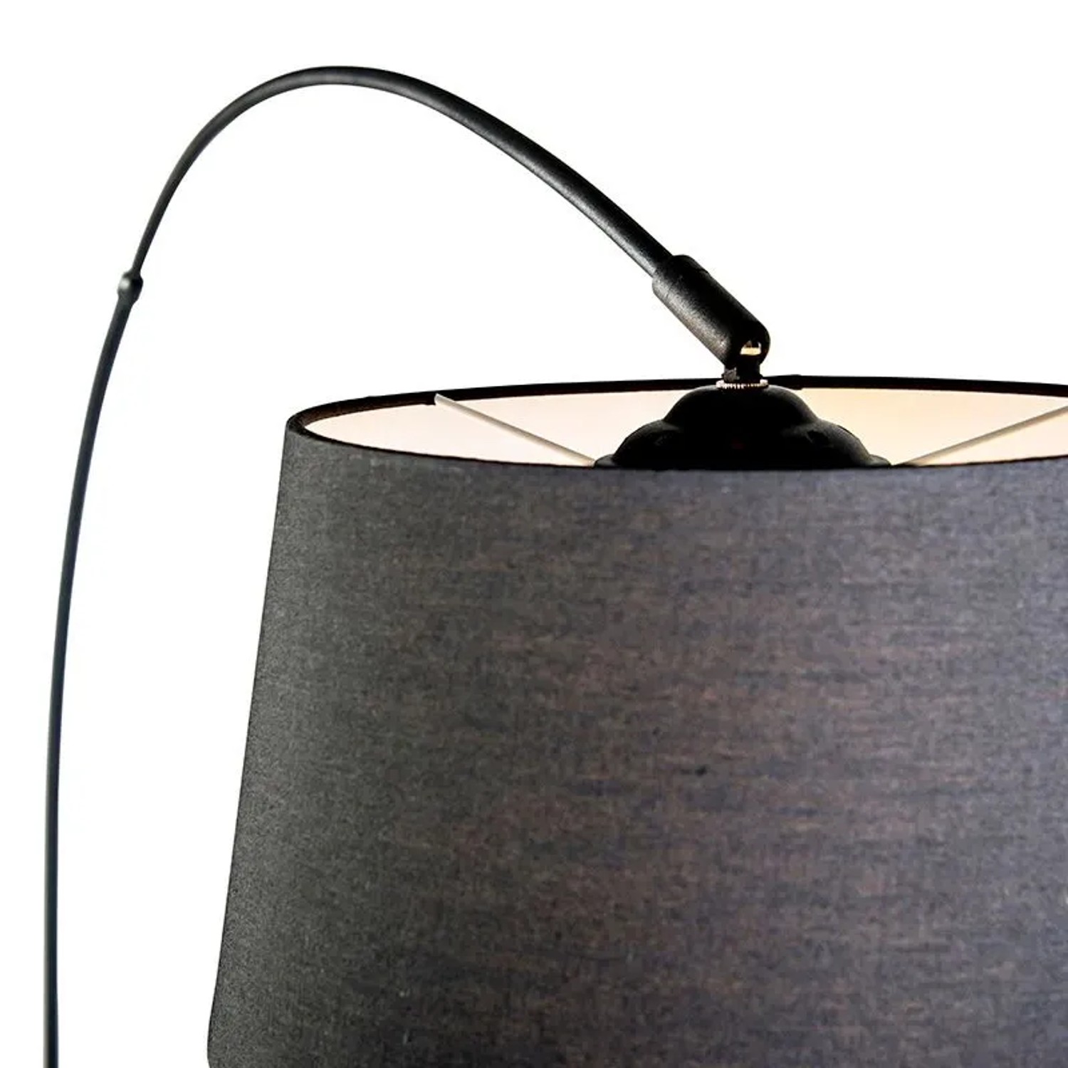 Moderne Bogenlampe Arc Basic in Schwarz mit Stoffschirm, Detailansicht.