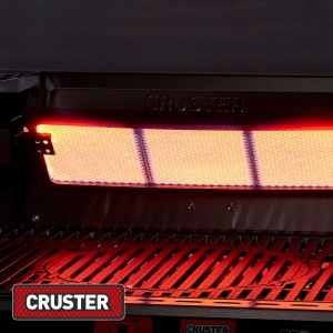 Detailaufnahme des Enders Gasgrill Uniq 4 IK Cruster mit aktivierter Infrarot-Oberhitze.