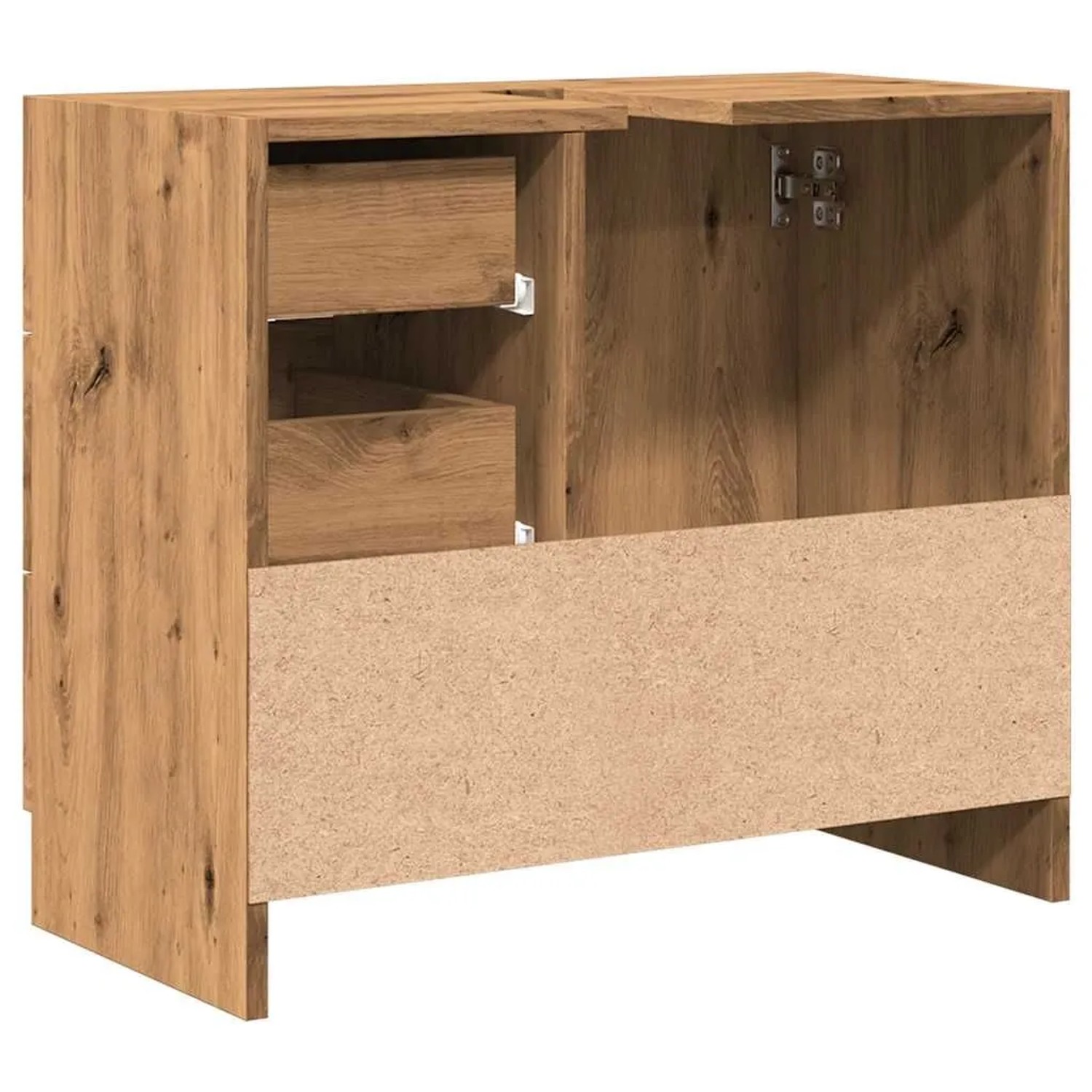 vidaXL Waschbeckenschrank Artisan-Eiche aus Holzwerkstoff. Offene Schubladen und Tür zeigen Stauraum für Ihr Bad.