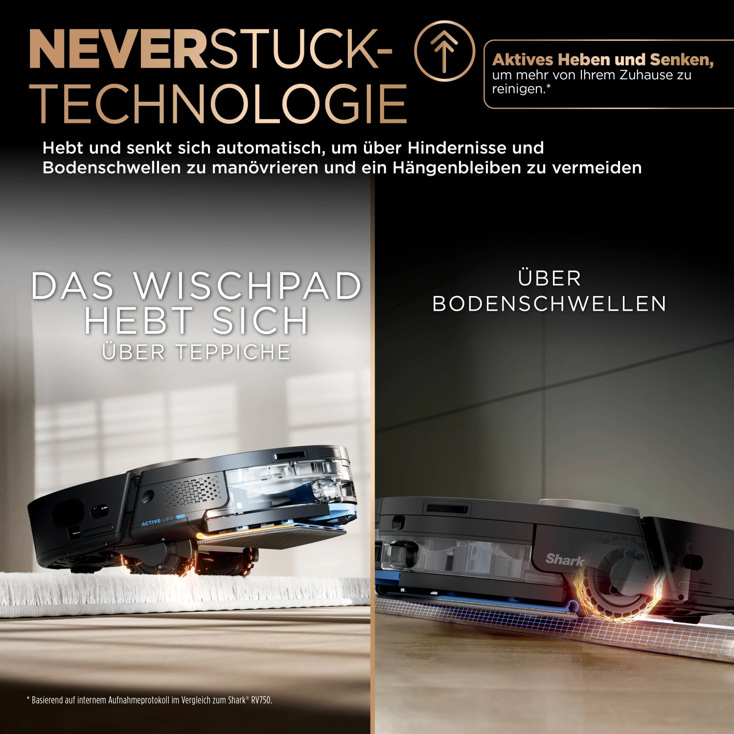 Shark Saug- und Wischroboter RV2800ZEEU überwindet Hindernisse und reinigt Teppiche.