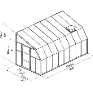 Skizze: Weißes Palram Canopia Gewächshaus Sun Room (508x257cm) mit Maßangaben.