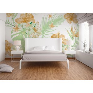 Fototapete mit Palmen, Blumen in Gelb, Grün und Weiß im Schlafzimmer.