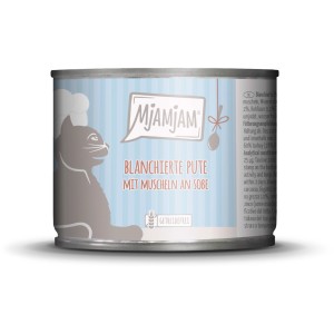 Mjamjam Katzen-Nassfutter mit Pute und Muscheln, 185g Dose.