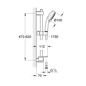 Technische Zeichnung Grohe QuickFix Brausegarnitur Vitalio Comfort 100 mit Maßen.