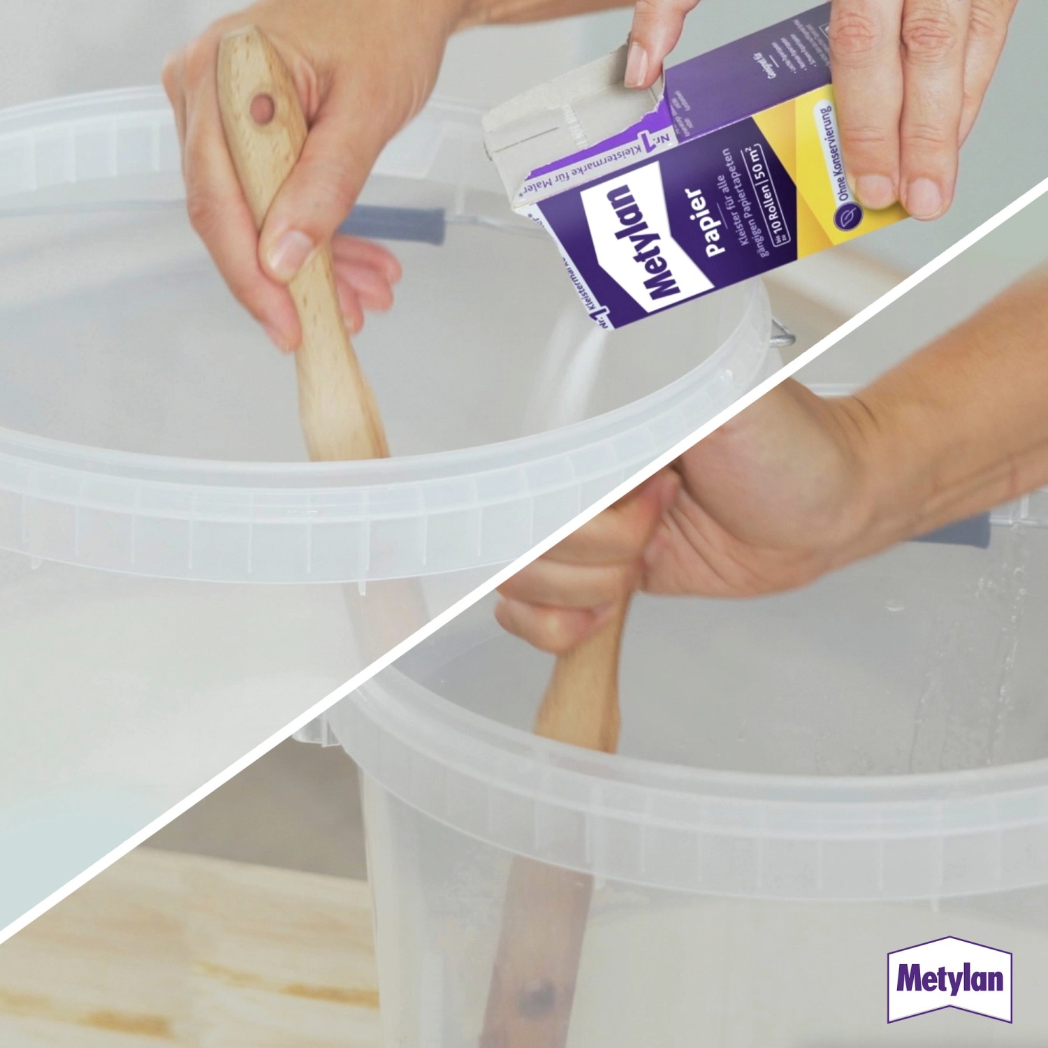 Anrühren von Metylan Papier Tapetenkleister im Eimer mit Rührholz. Transparent trocknend.