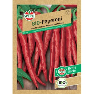 Samenpackung Sperli Bio Peperoni mit roten, länglichen Schoten.