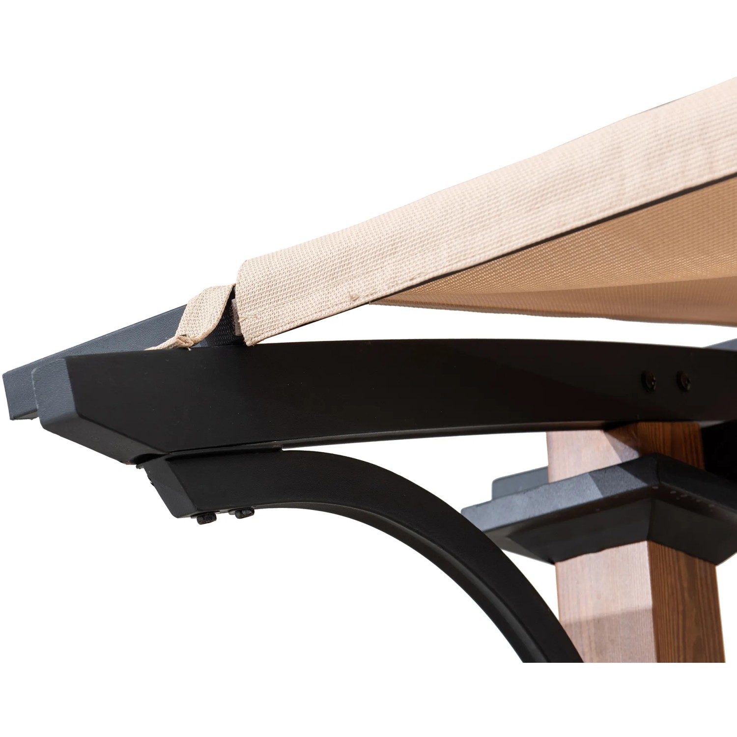 Detailansicht: Sunjoy Pergola Skuta mit beigem Stoffdach und braun-schwarzem Stahlrahmen.