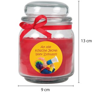 Rote Duftkerze im Glas „Karneval“ mit Schleife und Karnevalsmotiv, 70h Brenndauer.