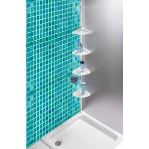 Weißes Wenko Teleskop-Eckregal Opal aus Stahl im Badezimmer mit Duschutensilien.