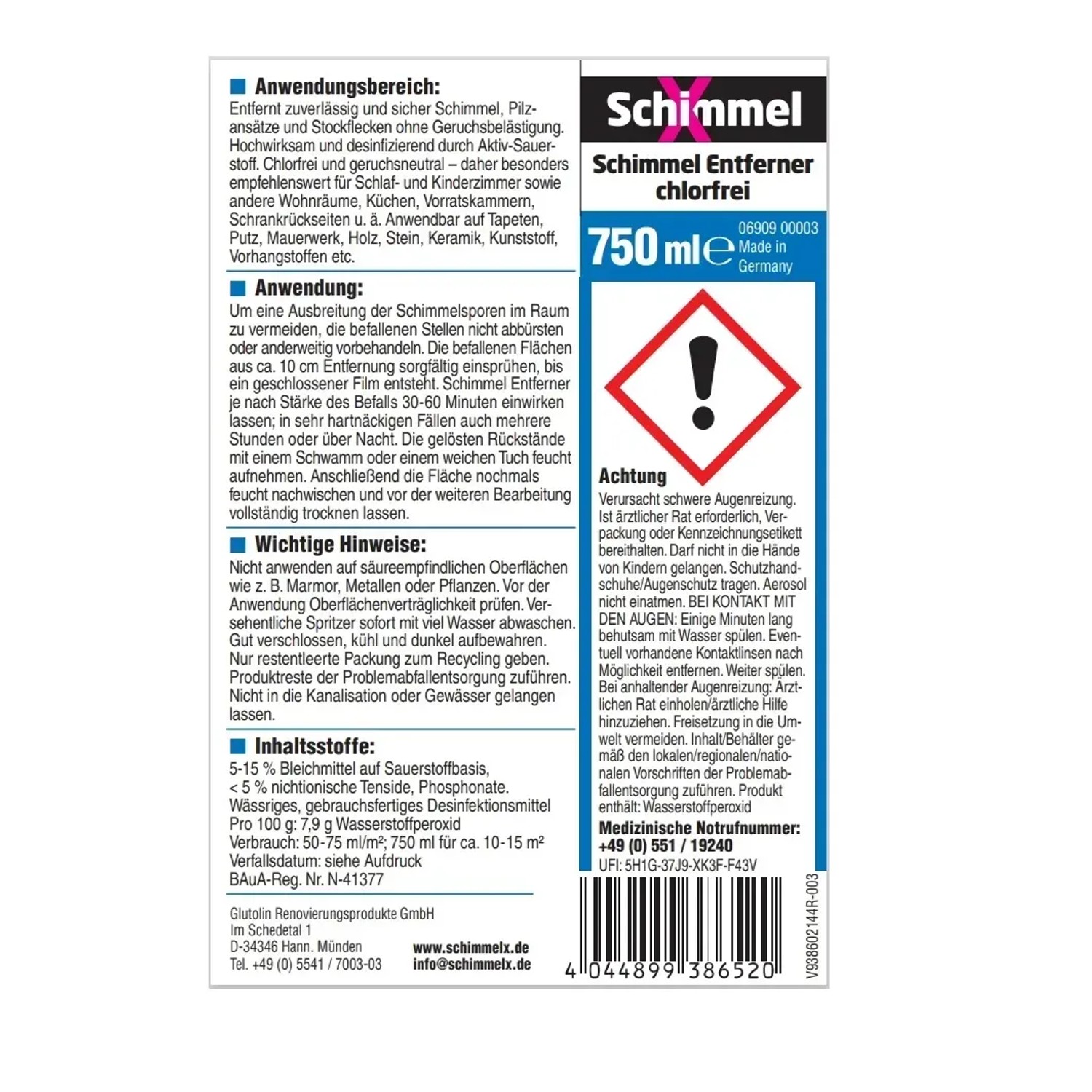 Schimmel X Schimmel Entferner chlorfrei, 750ml Flasche. Zur Schimmelbekämpfung in Innenräumen.
