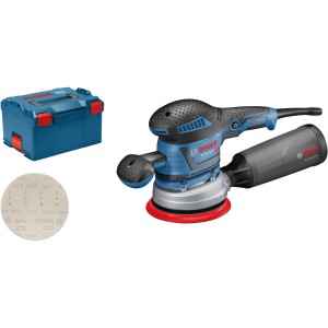 Bosch Professional GEX 40-150 Exzenterschleifer in L-Boxx mit Schleifteller und Schleifpapier.