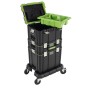 TRUTZHOLM Profi Stapelboxen: 3 schwarze Boxen mit Rollbrett und grünen Details.