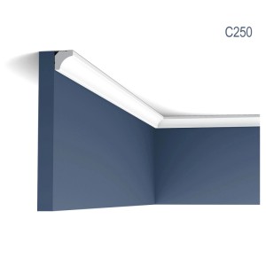 Weiße ORAC DECOR C250 LUXXUS Eckleiste als Stuckelement an der Decke.