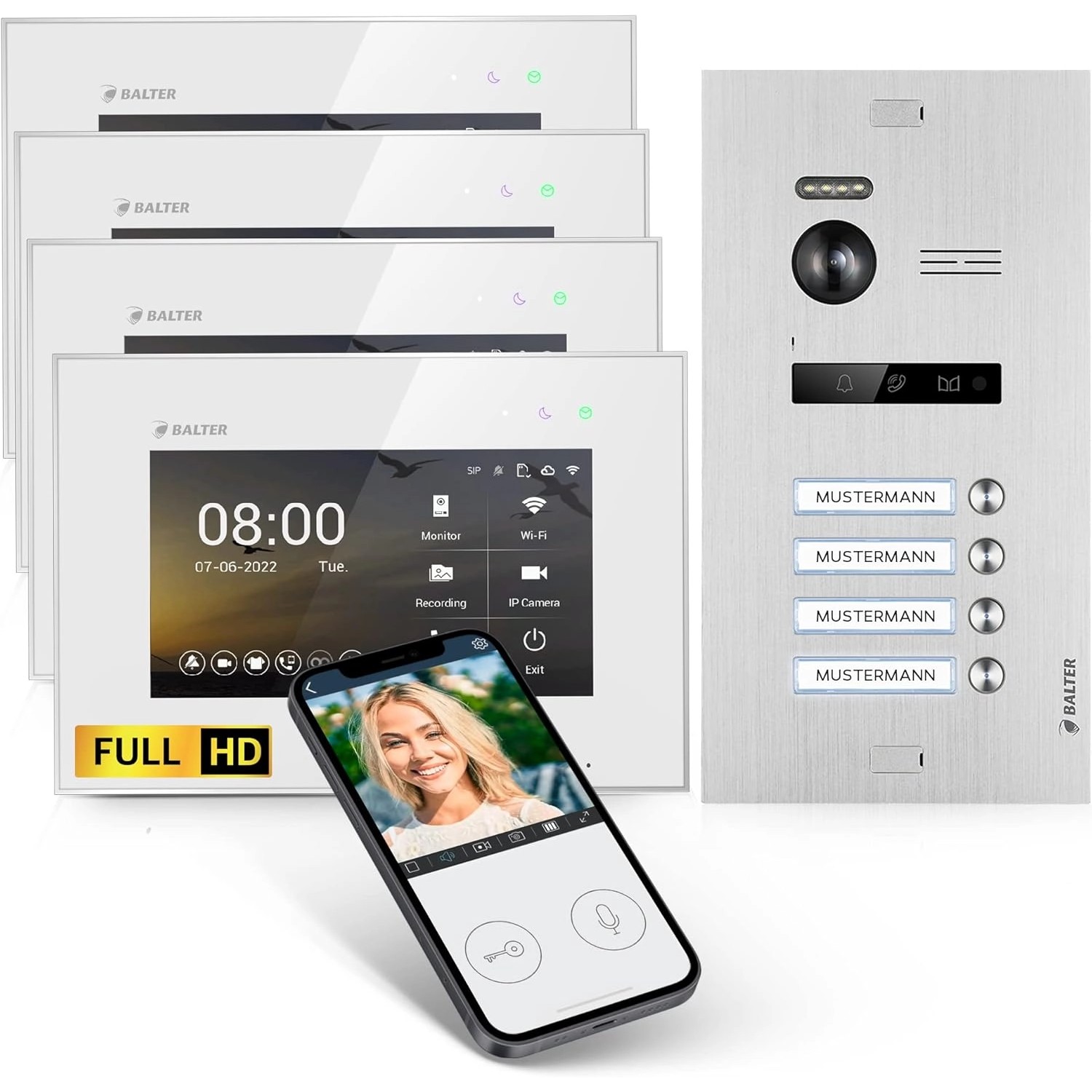 Balter EVO-HD Video-Türsprechanlage mit App für Vierfamilienhaus mit 4x 7 Zoll Monitor Silber-Weiß