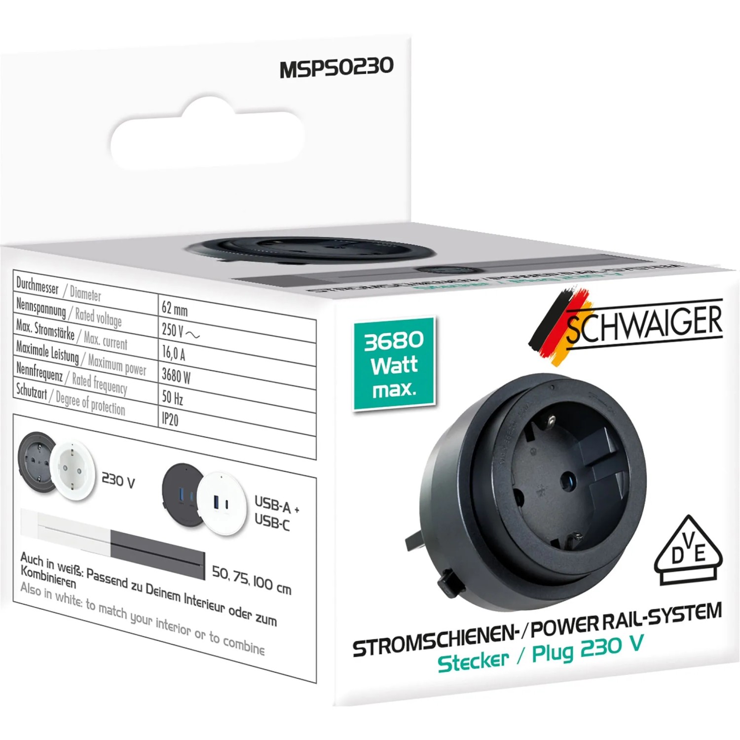 Schwaiger Stromschienen-Plug MSPS0230 mit USB-C & USB-A Schwarz