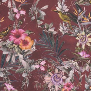 PROFHOME Vliestapete mit Blumen, Kolibris und Palmen auf rotem Grund.
