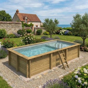 Rechteckiger ALTANKA Holzpool Aqua grau mit Leiter im Garten.