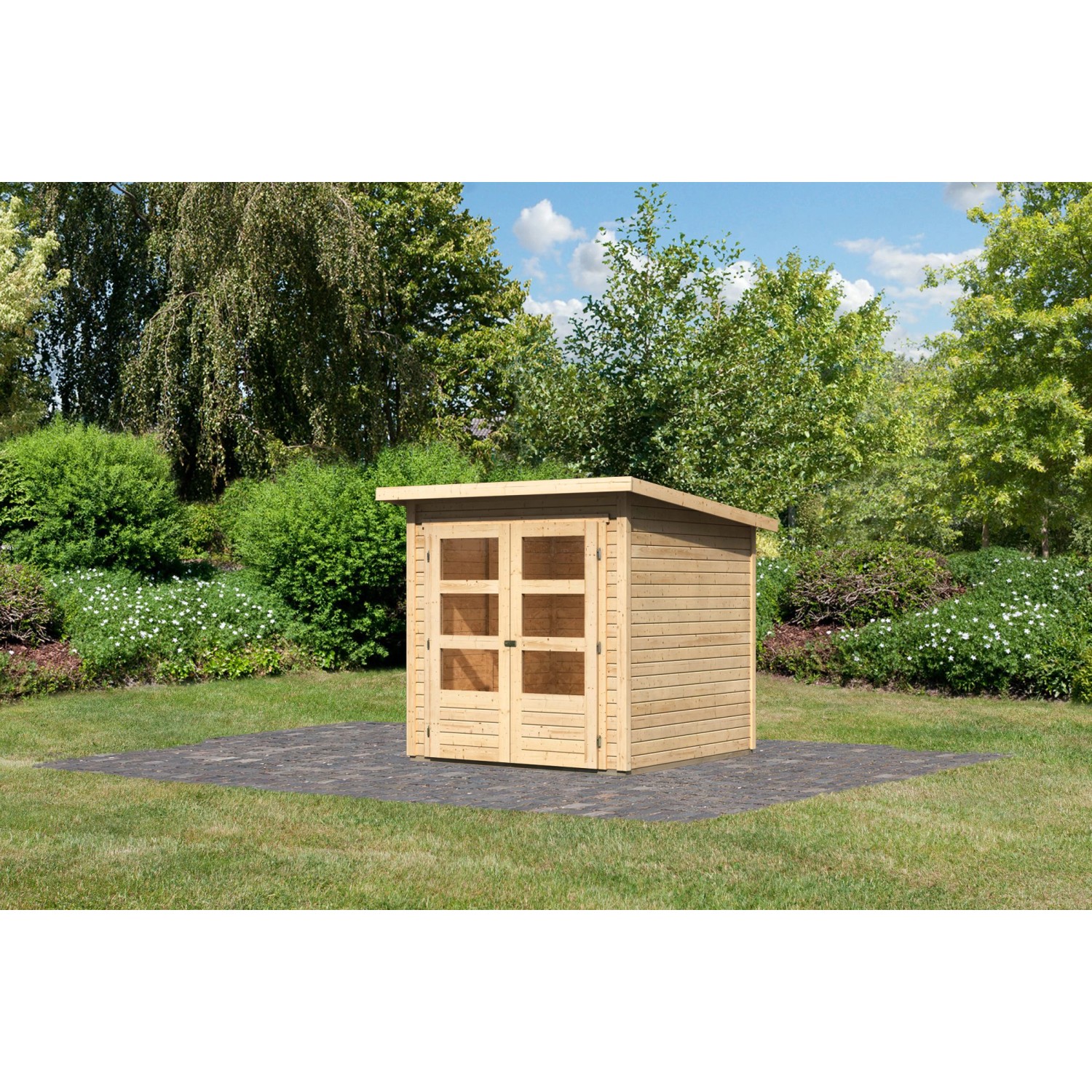 Karibu Holz-Gartenhaus Sitten, unbehandelt, mit Pultdach und Doppeltür im Garten.