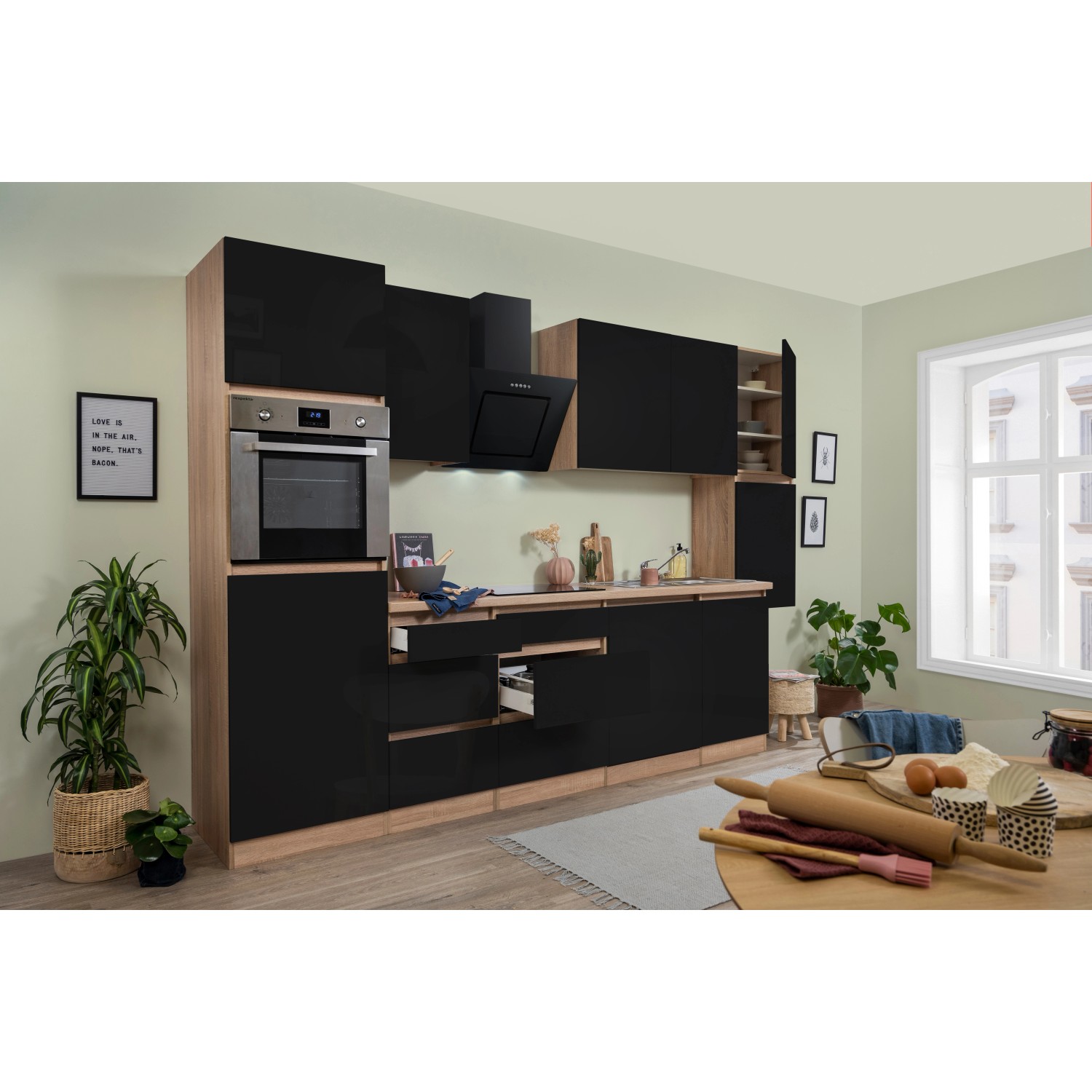 Respekta Küchenzeile/Küchenblock GLRP330HESS Grifflos 330 cm Schwarz Hochglanz-Sonoma Eiche