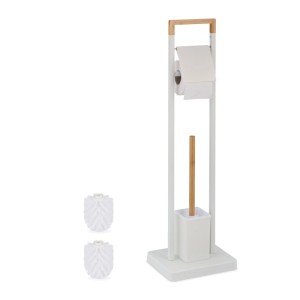 Freistehende, weiße WC-Garnitur mit Bambus-Elementen, bestehend aus Toilettenpapierhalter und WC-Bürste mit Ersatzköpfen.
