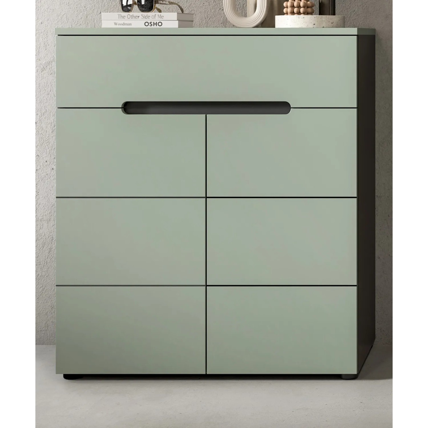 Inn.Furn Schuhkommode Cooper, salbeigrün/grau, 80 cm breit, mit Schublade und zwei Türen.