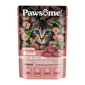 Pawsome Katzen-Nassfutter Junior Rind, 85g Packung mit Katzenmotiv und Rindfleischstückchen.