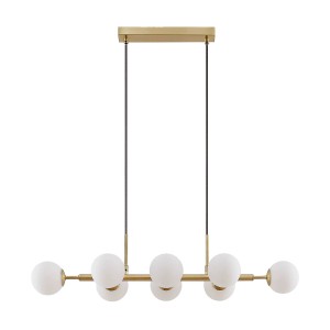 Moderne, 8-flammige Lindby Pendelleuchte Kiamo in Weiß/Gold mit runden Glasschirmen.