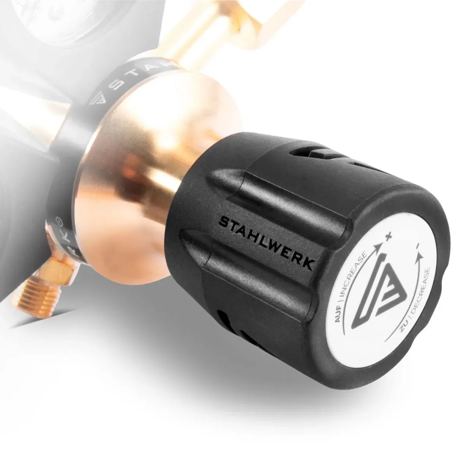 STAHLWERK Druckminderer für Argon/CO2/Schutzgas, Detailaufnahme des Einstellknopfes.