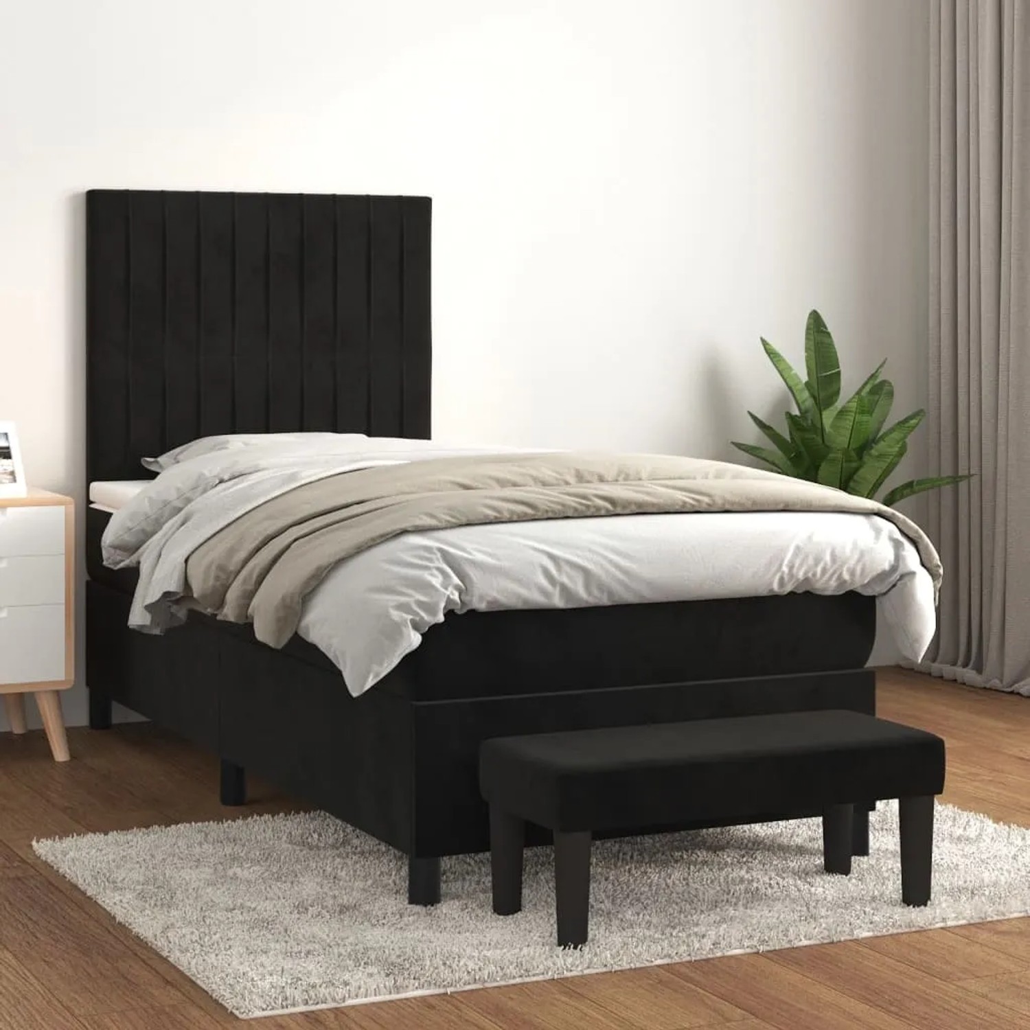 Schwarzes vidaXL Boxspringbett (90x190 cm) mit Matratze und Bank aus Samt.
