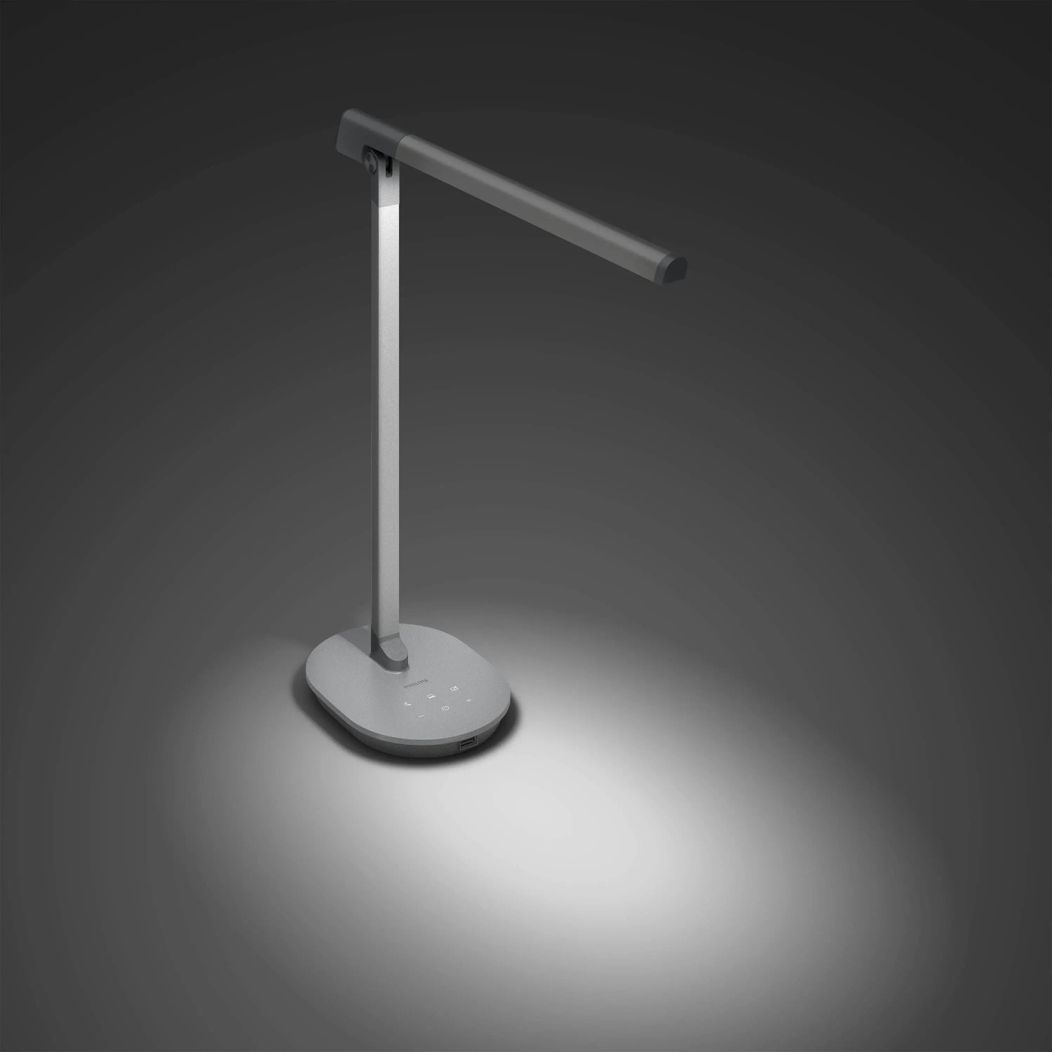 Dunkelgraue Philips LED-Tischleuchte Sword mit USB-Ladefunktion und verstellbarem Licht.