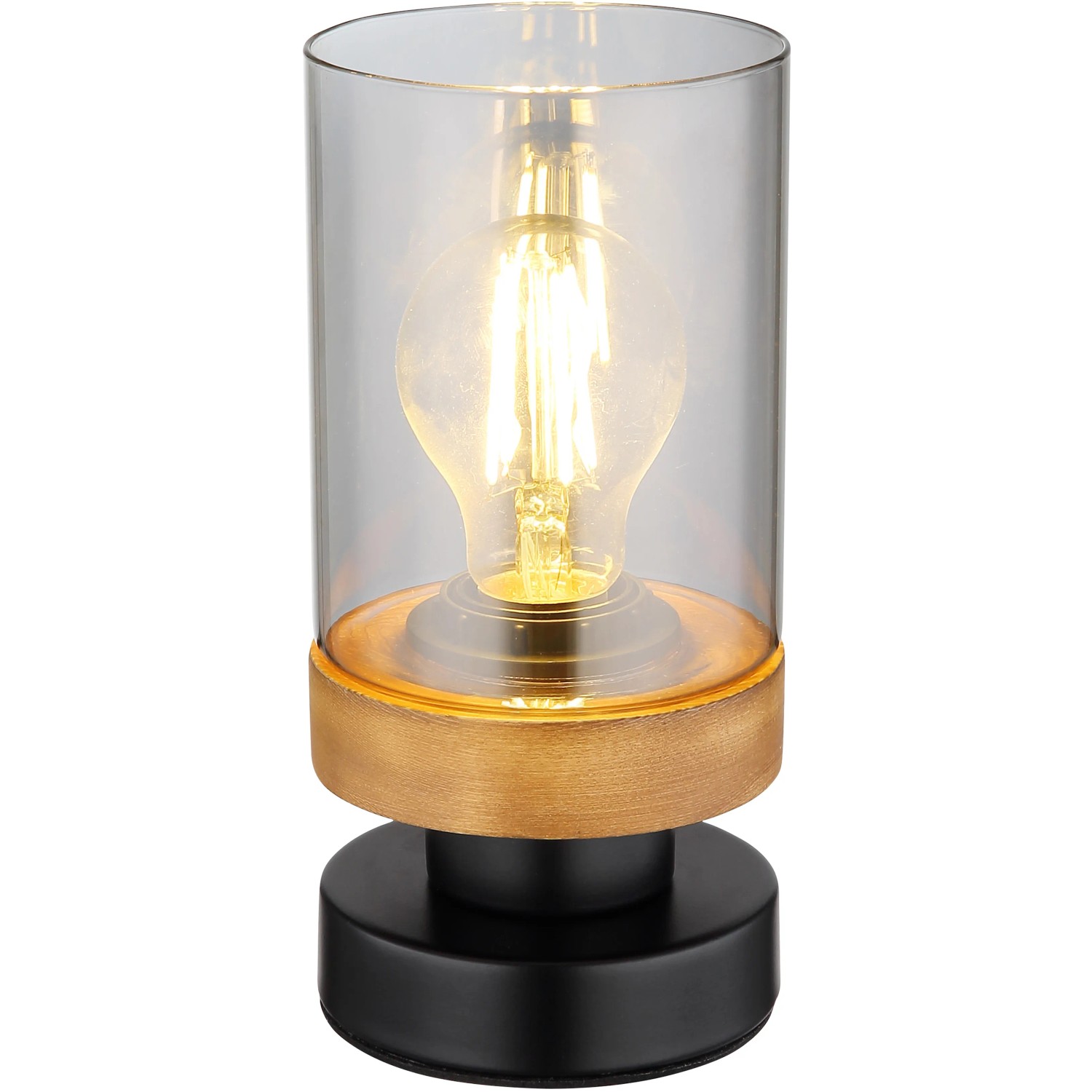 Globo Design-Tischlampe Finca, schwarz-matt mit Rauchglas, 20,5 cm hoch.