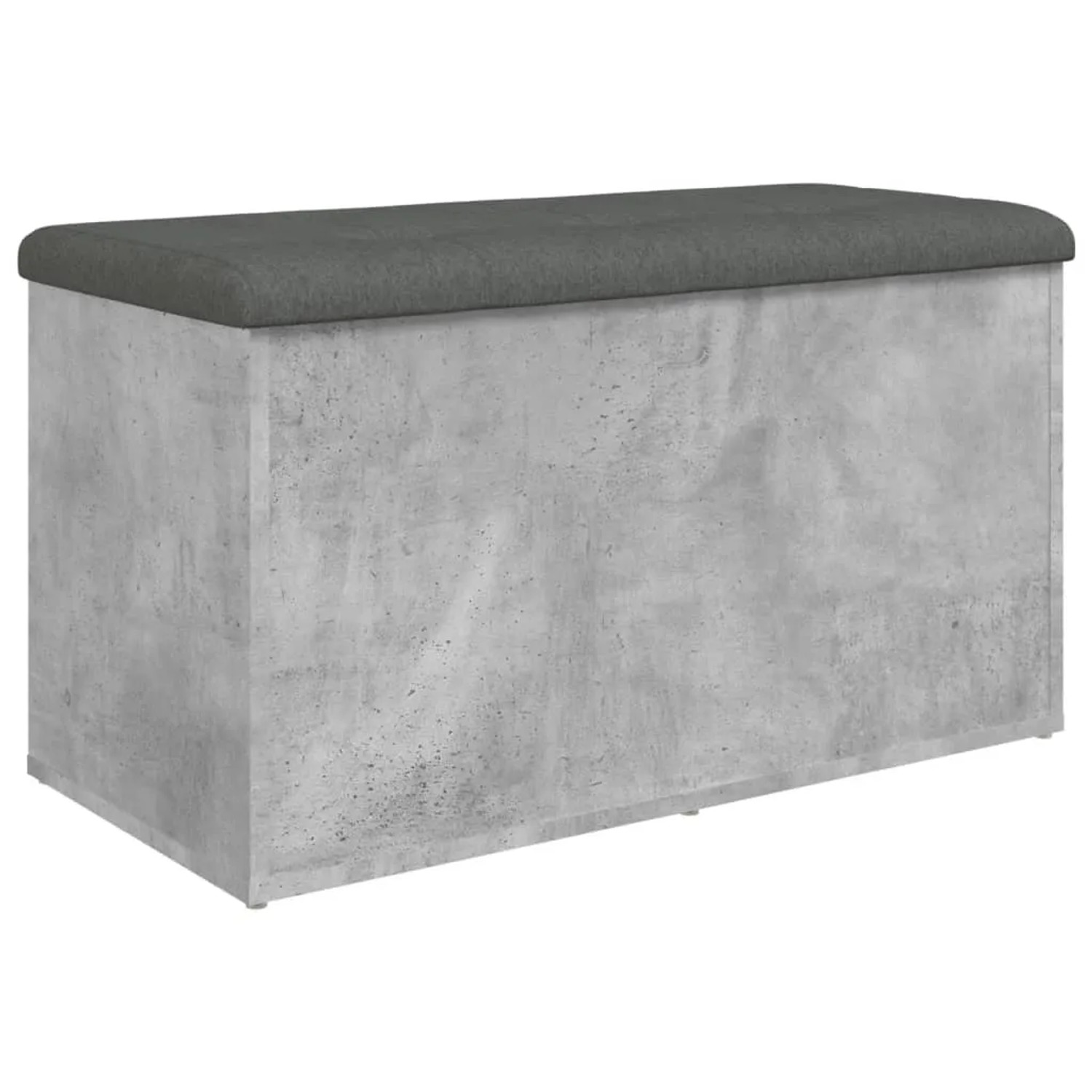 Betongraue Sitzbank mit Stauraum und dunklem Polsterkissen. Möbel für Flur oder Wohnzimmer.