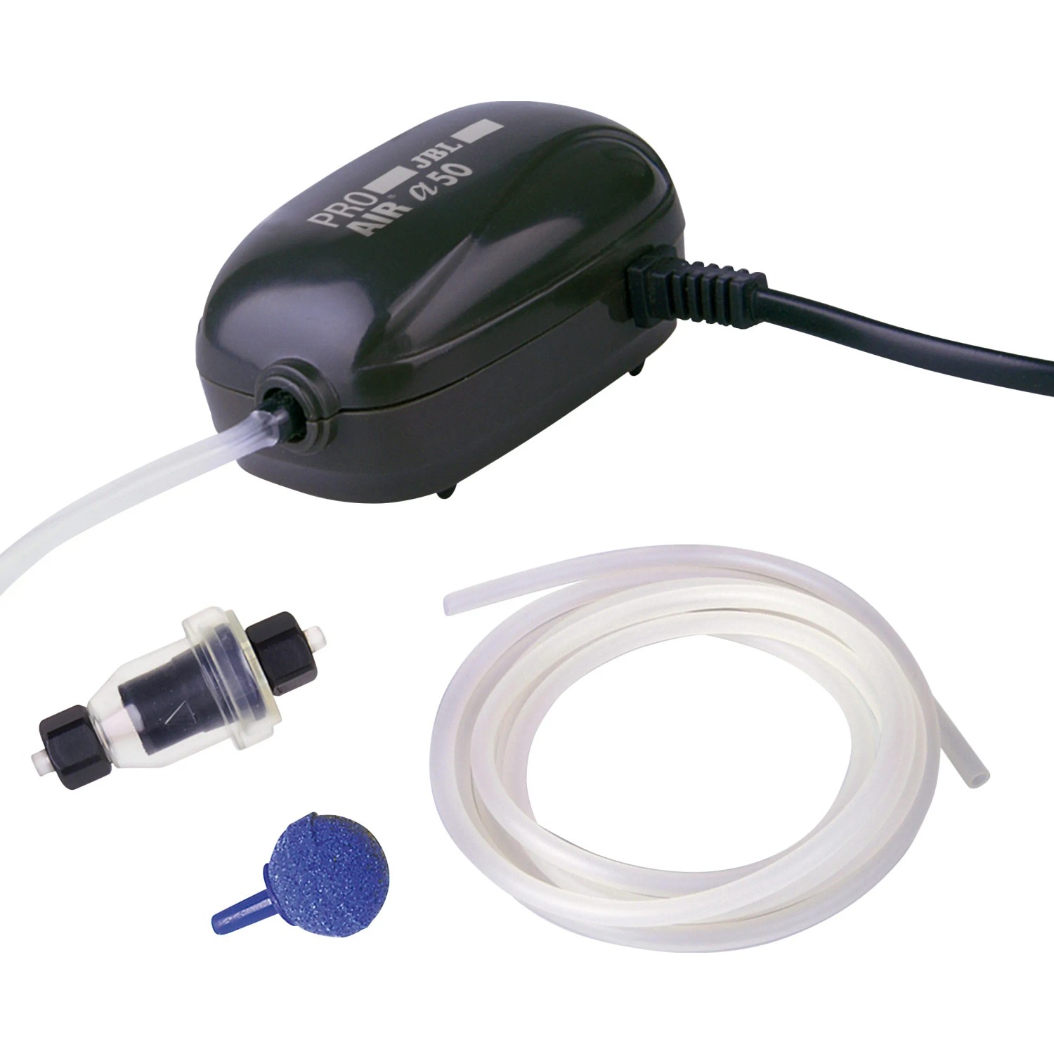 JBL ProAir a50 Aquarium-Belüfter Set mit Luftpumpe, Schlauch, Rückschlagventil und Sprudelstein.