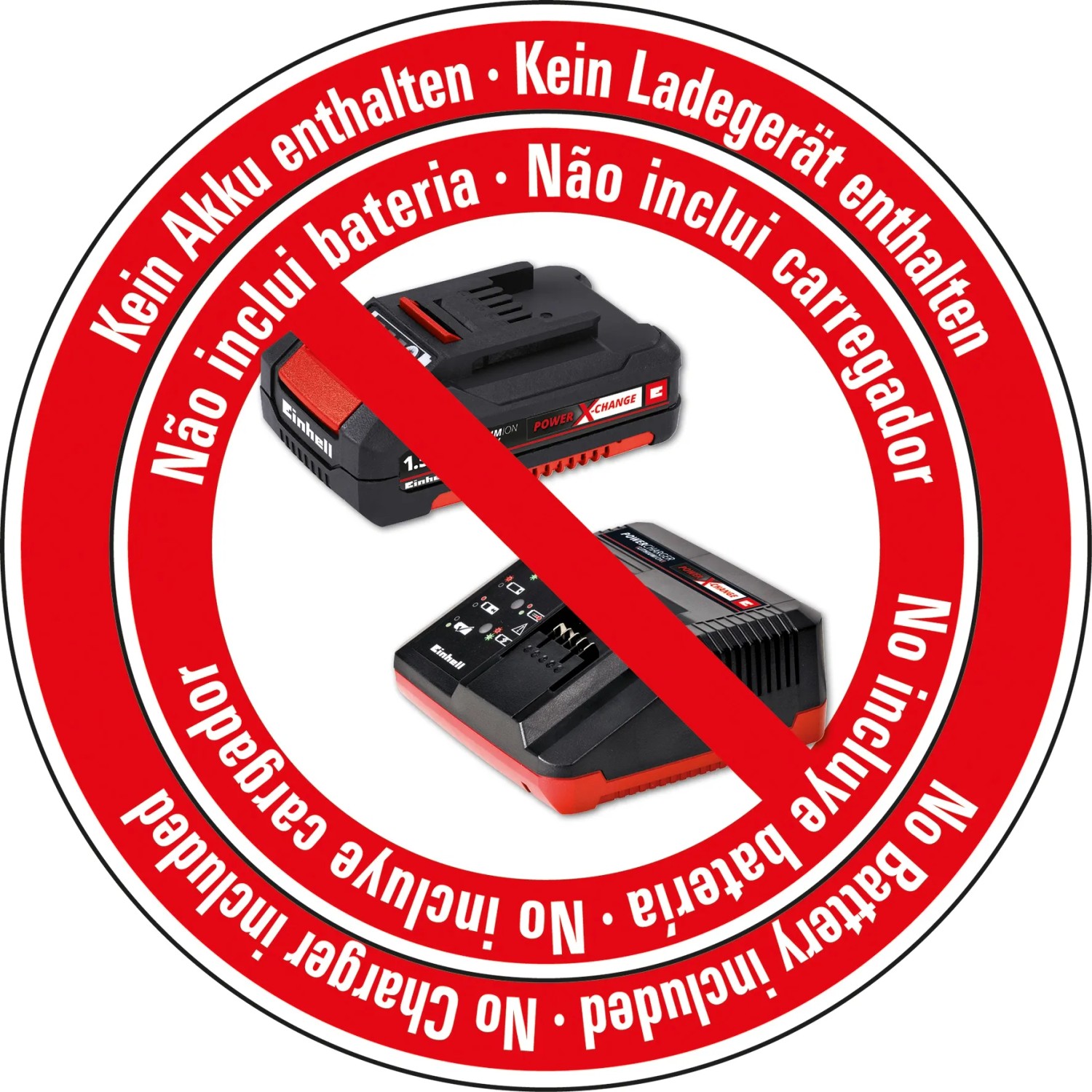 Symbol: Kein Akku, kein Ladegerät im Lieferumfang des Einhell Akku-Laubbläsers enthalten.