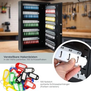 Offener schwarzer HMF Schlüsseltresor mit 100 verstellbaren Haken und bunten Schlüsselanhängern zur Schlüsselaufbewahrung.