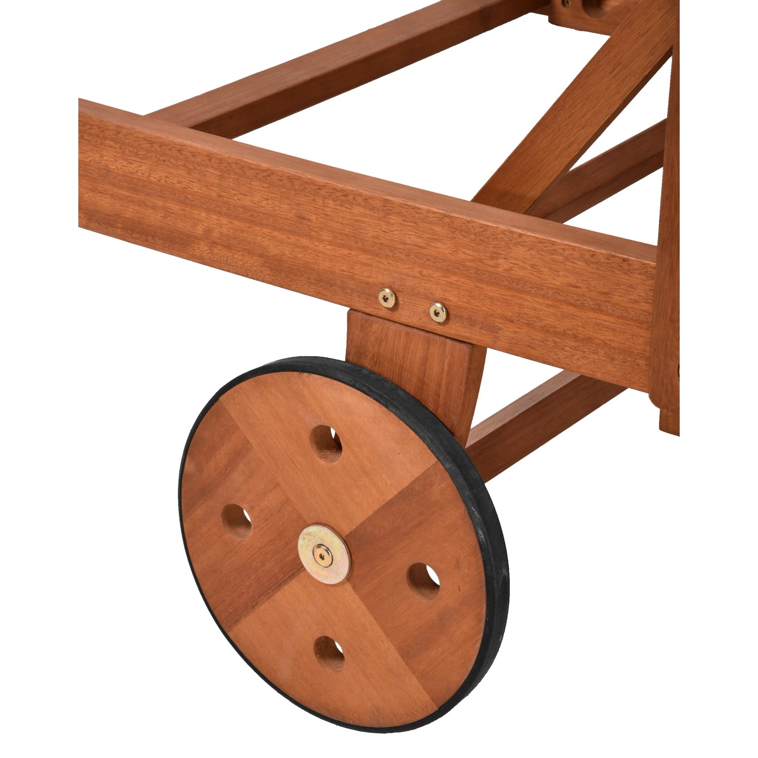 Detailansicht der Holzräder der klappbaren Sonnenliege Beverly Hills.