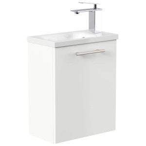 Posseik Badmöbel Pieni Slimline, 40 cm, Weiß Hochglanz mit Waschbecken und Armatur.