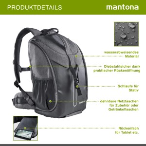 Mantona Fotorucksack Tallinn Kamerarucksack in Grau/Schwarz. Wasserabweisend, diebstahlsichere Rückenöffnung, Stativhalterung, Tabletfach.