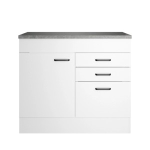 Weißer OPTIFIT Spülenunterschrank Bonn214 (100cm) mit grauer Arbeitsplatte, Tür und Schubladen.