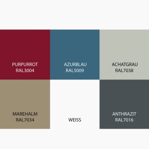 Farbauswahl Bondex Wetterschutz-Farbe: Purpurrot, Azurblau, Achatgrau, Marehalm, Weiß, Anthrazit.