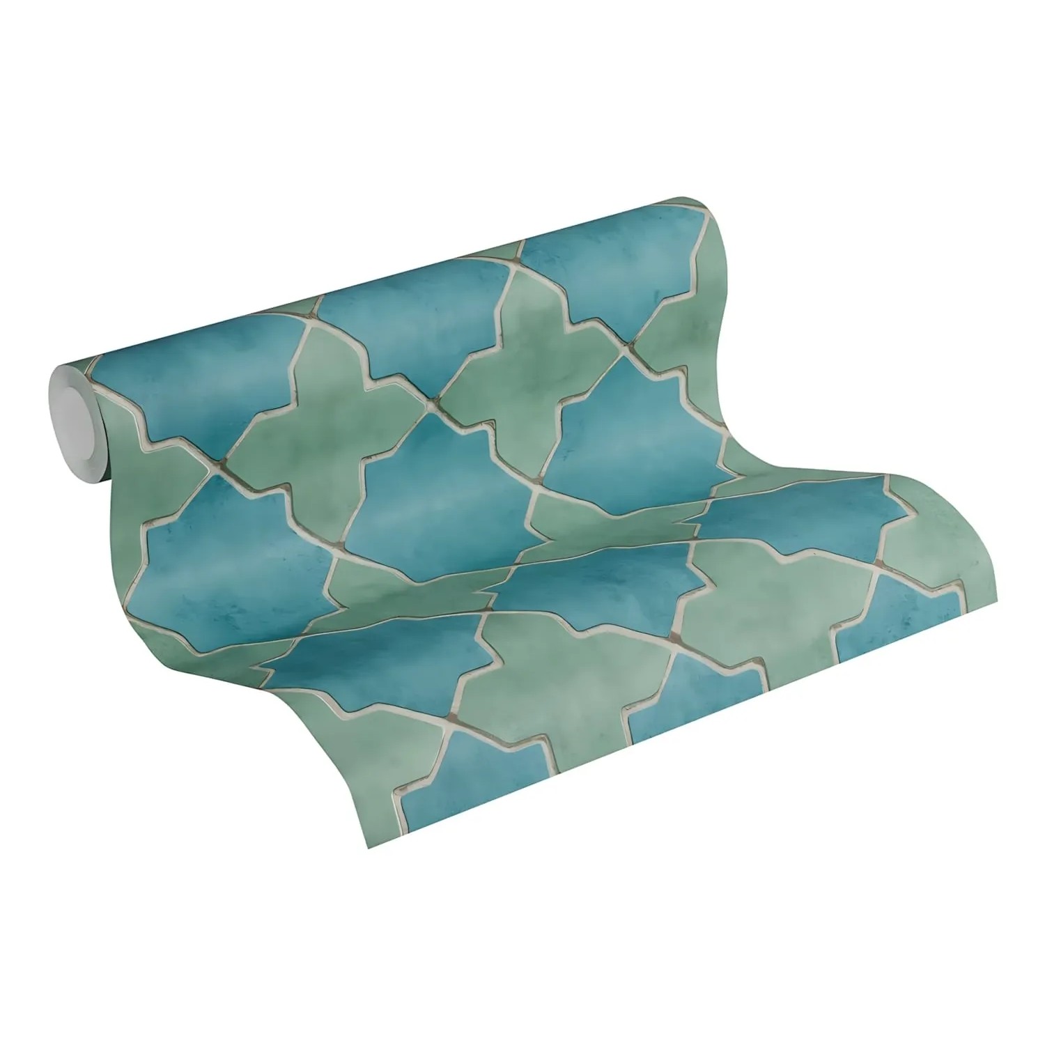 PROFHOME Vliestapete mit geometrischem Muster in Blau, Grün und Beige.
