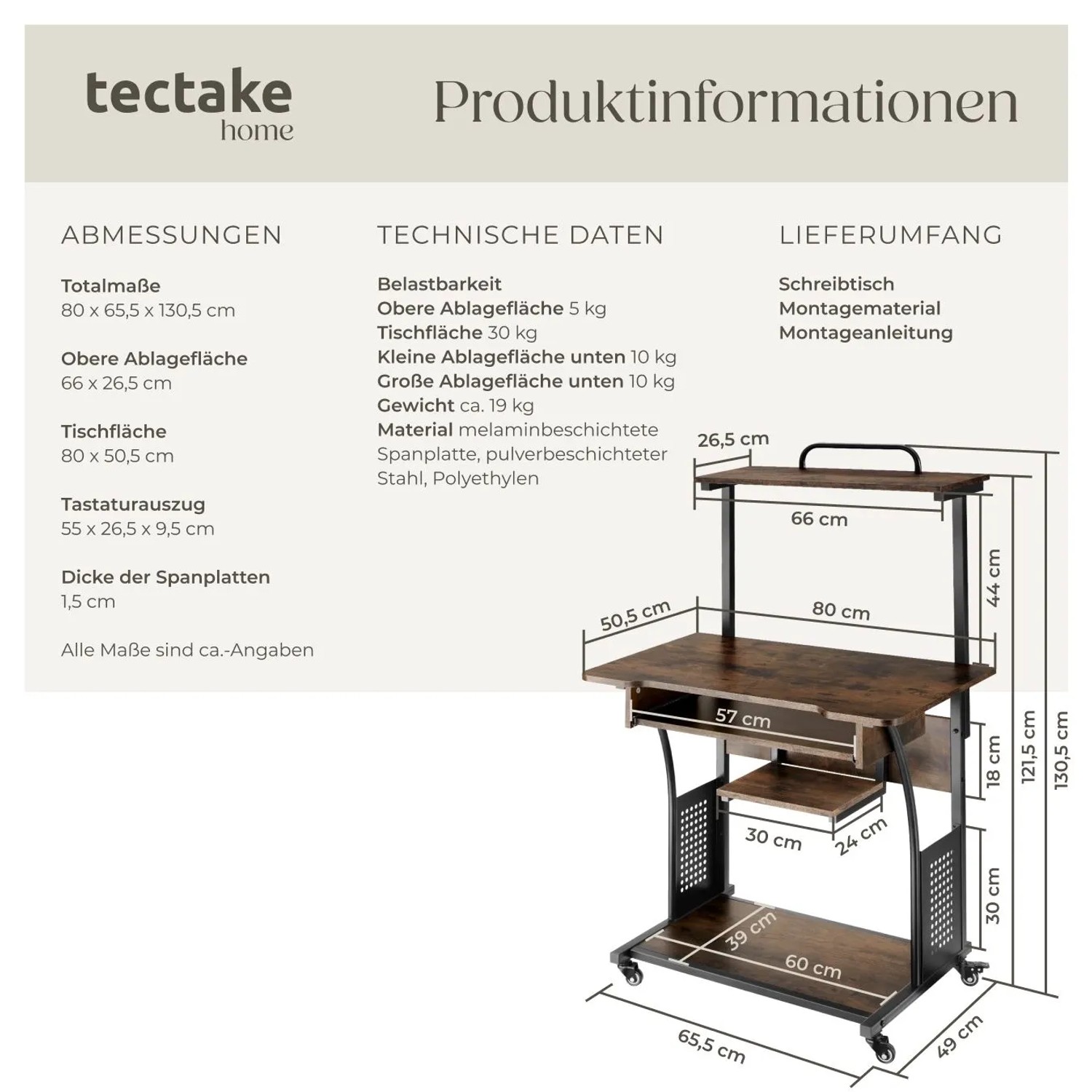 Tectake Schreibtisch Fife im Industrial Style mit Holz- und Stahl-Elementen, rustikal dunkel.
