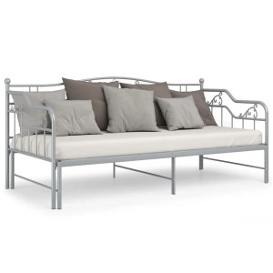 Graues vidaXL Ausziehsofa Bettgestell aus Metall mit Kissen. Ideal als Gästebett.