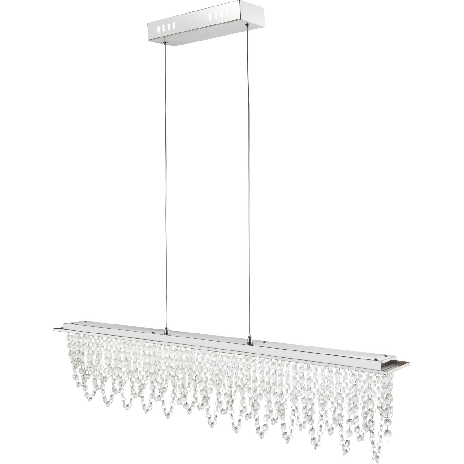 Chromfarbene LED-Pendelleuchte SCALA mit Kristallbehang, dimmbar und mit Fernbedienung.