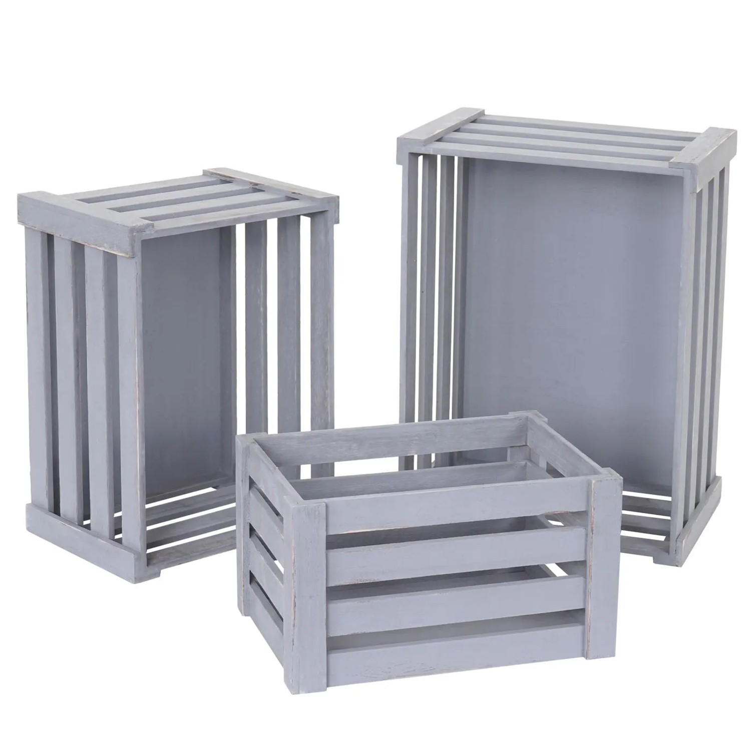 MCW Holzkiste C56 3er-Set, grau im Shabby-Look. Aufbewahrungsboxen in verschiedenen Größen.