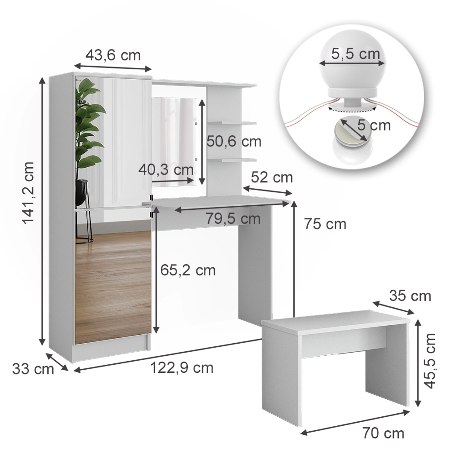 Vicco Frisierkommode  Jasmin Weiß 123 cm mit LED-Beleuchtung und Bank günstig online kaufen